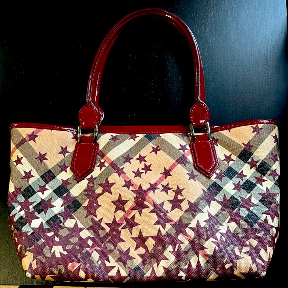 Burberry Supernova Star Check Coated Canvas And Leather Bag - Burgundy and Beige